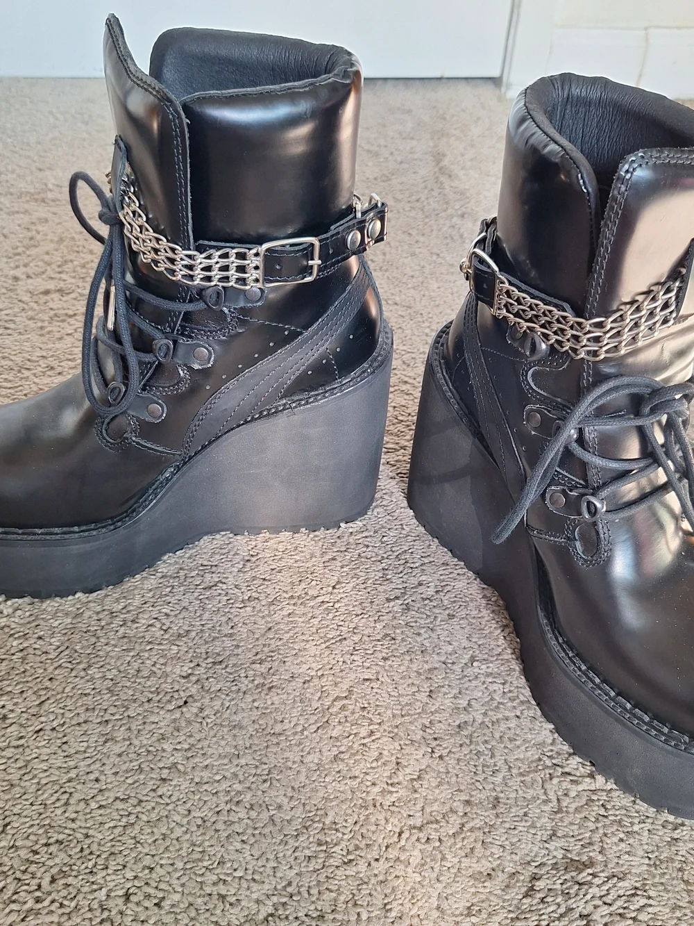 Fenty PUMA by Rihana Black Mid Calf Platform Boots Lace Up Size 6 W/chain Detail